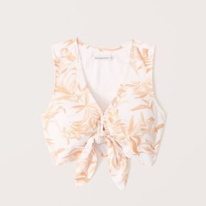 NWT Abercrombie & Fitch White Floral Cropped Tie-Front Linen-Blend Top